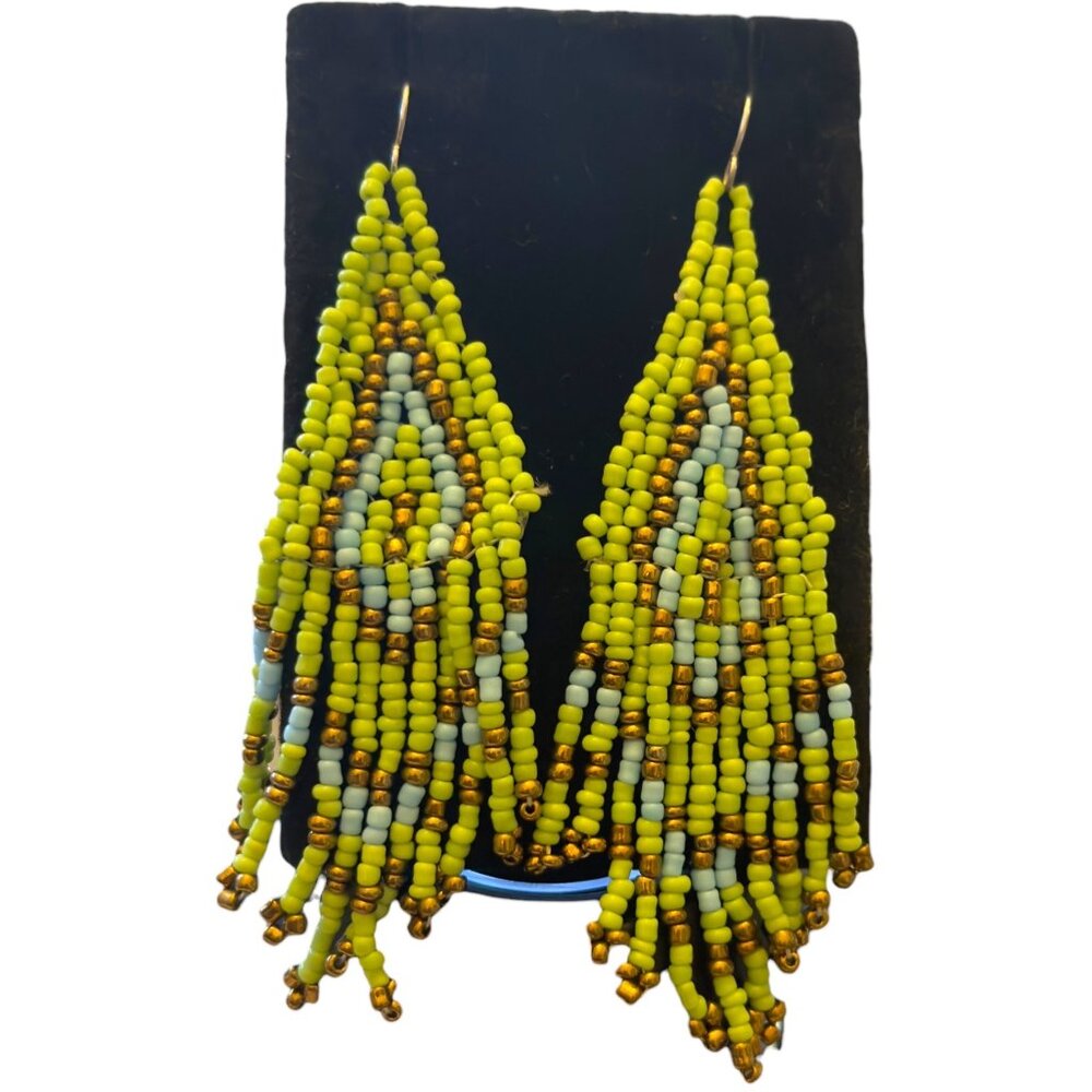 Handmade Beaded Drop Earrings With Green & Blue Tribal Pattern Framed Display - Picture 2 of 8